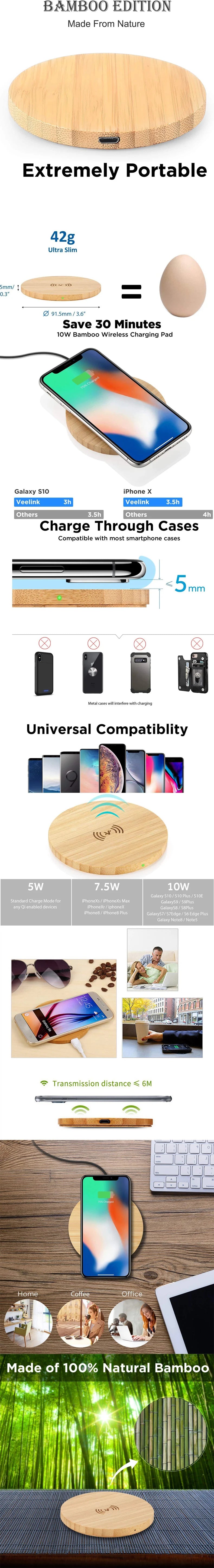 Bamboo Wireless Charger 15W 10W 5W Fast Wireless Charging Pad for iPhone 13 12 mini 11 Pro Max Samsung Galaxy AirPods Pro 2