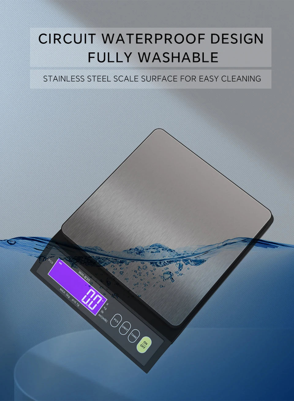5kg/10kg Rechargeable Kitchen Scale Fully Waterproof LCD Display Stainless Steel Electronic Scale Household Weighing Baking Tool