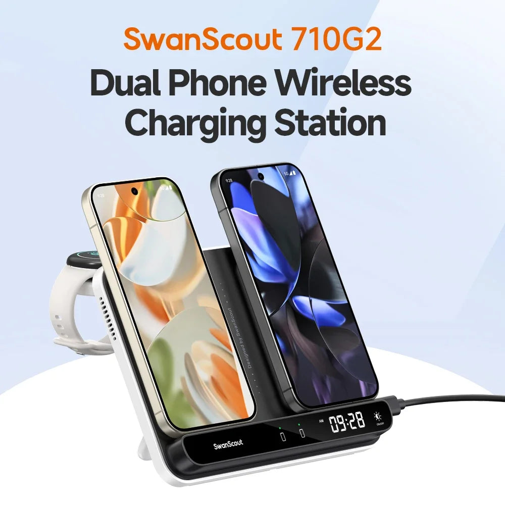 SwanScout 710G2 Dual Phone Charging Station for Pixel 9 Pro XL 8 7 Wireless Charger for Pixel Watch 3 2 Fitbit Versa 4 3 Sense 2