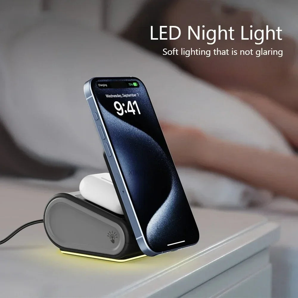 Foldable 4-in-1 Magnetic Wireless Charger Fast Charging Night Light Compatible with iPhone iWatch AirPods Multi-Device Charger