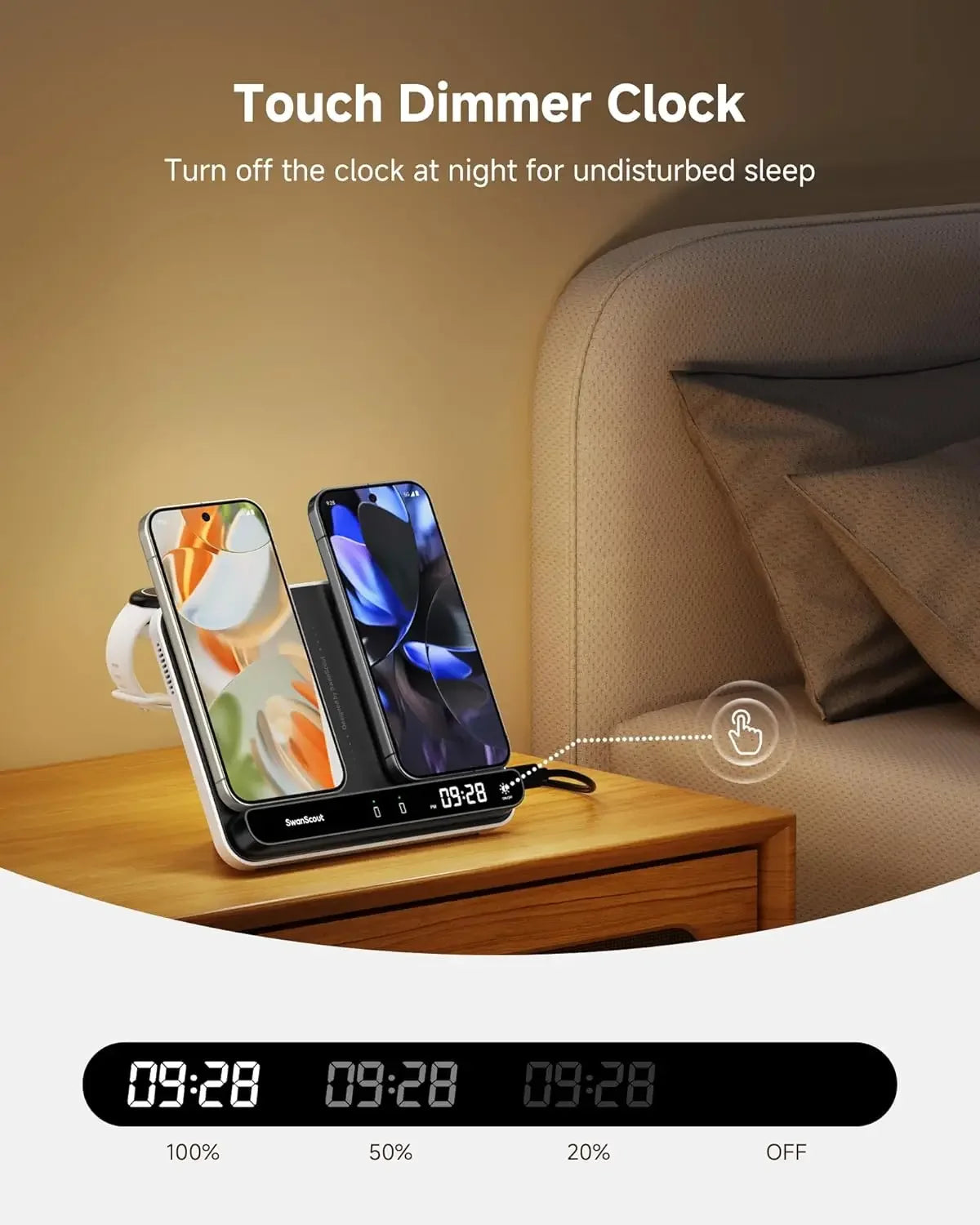 SwanScout 710G2 Dual Phone Charging Station for Pixel 9 Pro XL 8 7 Wireless Charger for Pixel Watch 3 2 Fitbit Versa 4 3 Sense 2