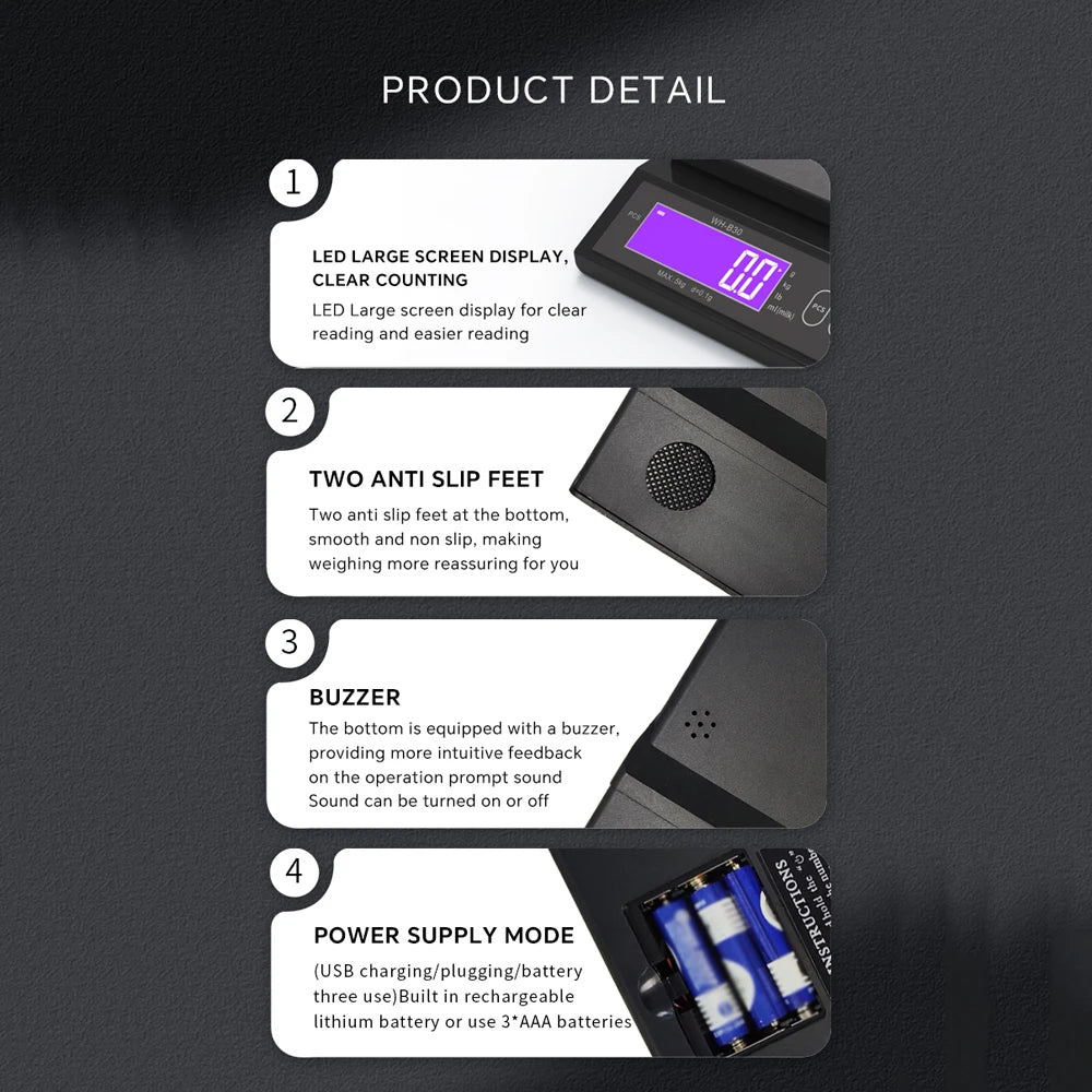 Rechargeable Digital Scale IP67 Waterproof High Accurate Kitchen Scale with Counting Tare Zeroing Auto Power Off Unit Conversion
