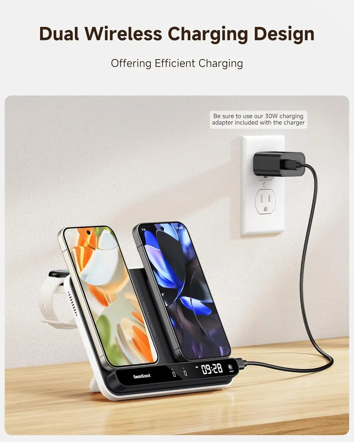 SwanScout 710G2 Dual Phone Charging Station for Pixel 9 Pro XL 8 7 Wireless Charger for Pixel Watch 3 2 Fitbit Versa 4 3 Sense 2