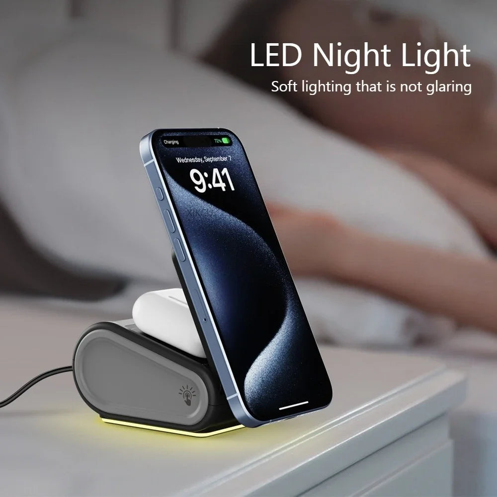 Foldable 4-in-1 Magnetic Wireless Charger Fast Charging Night Light Compatible with iPhone iWatch AirPods Multi-Device Charger