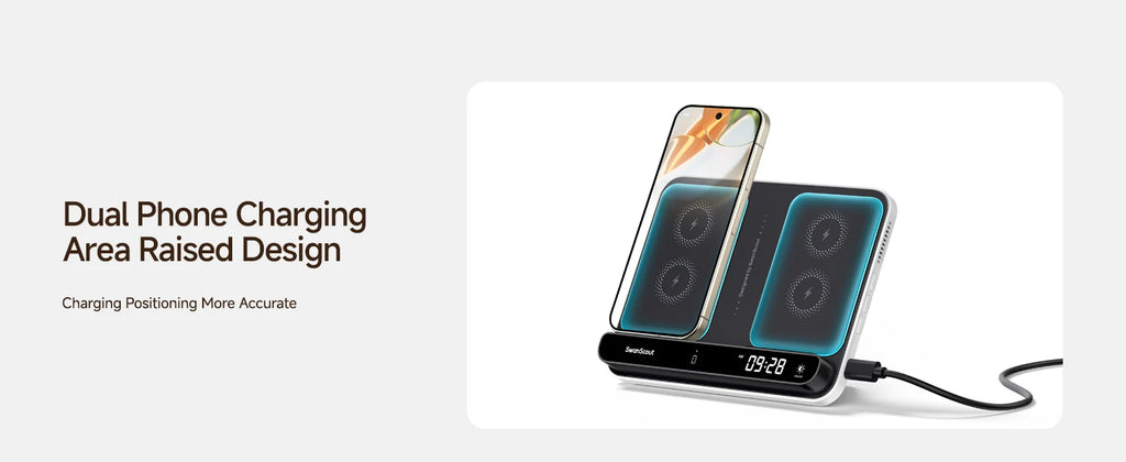 SwanScout 710G2 Dual Phone Charging Station for Pixel 9 Pro XL 8 7 Wireless Charger for Pixel Watch 3 2 Fitbit Versa 4 3 Sense 2