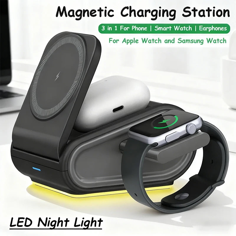 Foldable 4-in-1 Magnetic Wireless Charger Fast Charging Night Light Compatible with iPhone iWatch AirPods Multi-Device Charger