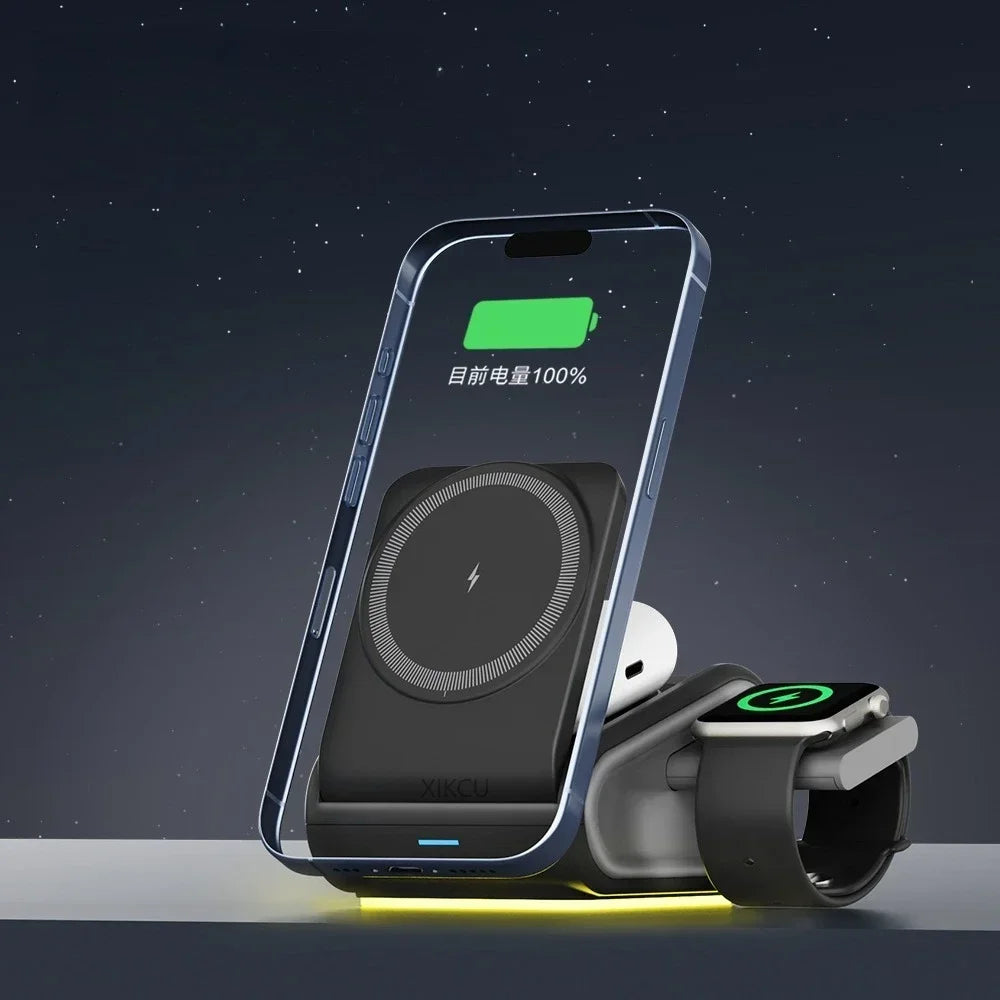 Foldable 4-in-1 Magnetic Wireless Charger Fast Charging Night Light Compatible with iPhone iWatch AirPods Multi-Device Charger