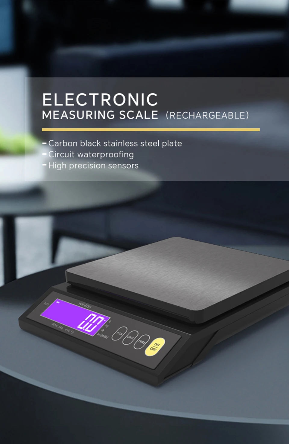 5kg/10kg Rechargeable Kitchen Scale Fully Waterproof LCD Display Stainless Steel Electronic Scale Household Weighing Baking Tool