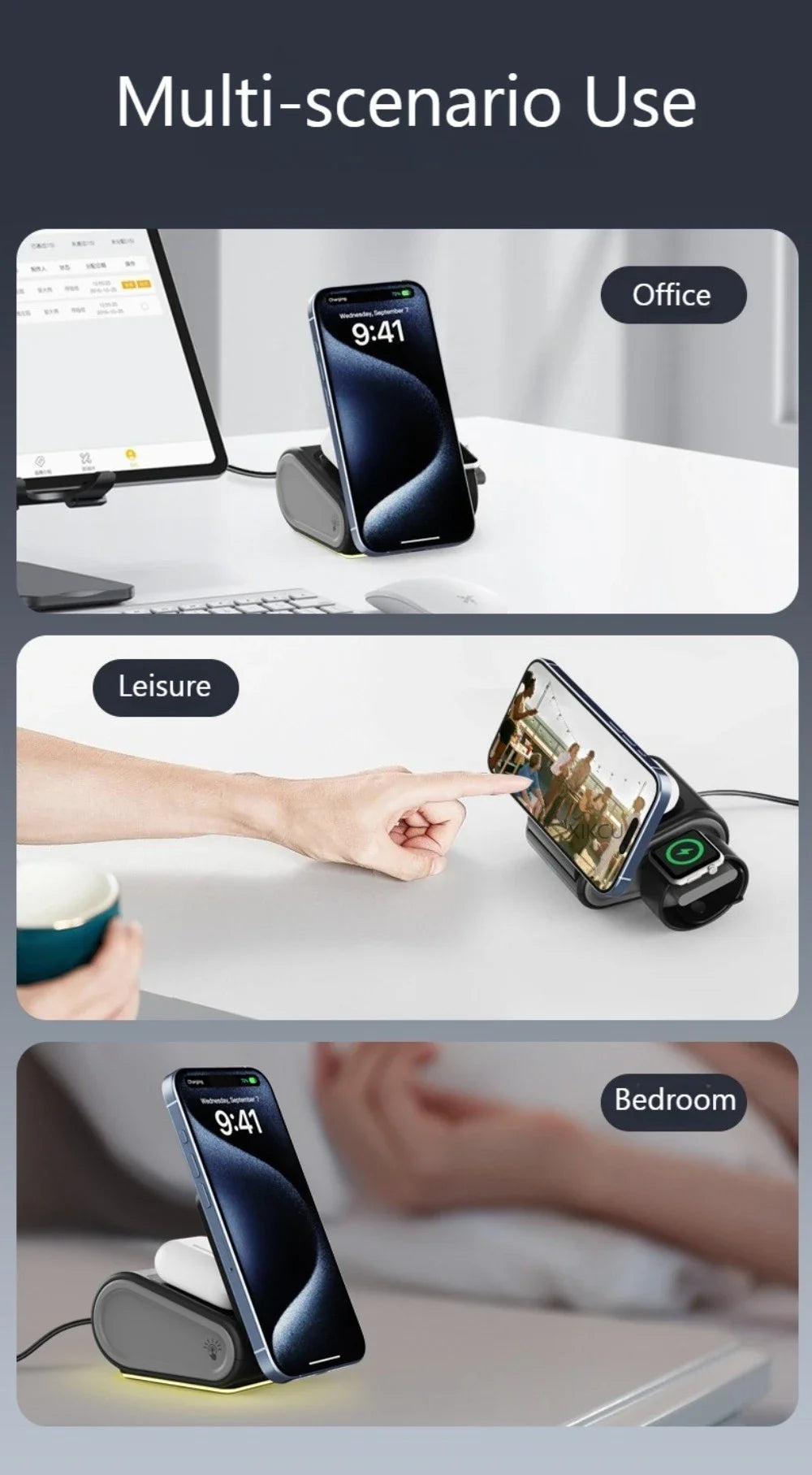 Foldable 4-in-1 Magnetic Wireless Charger Fast Charging Night Light Compatible with iPhone iWatch AirPods Multi-Device Charger