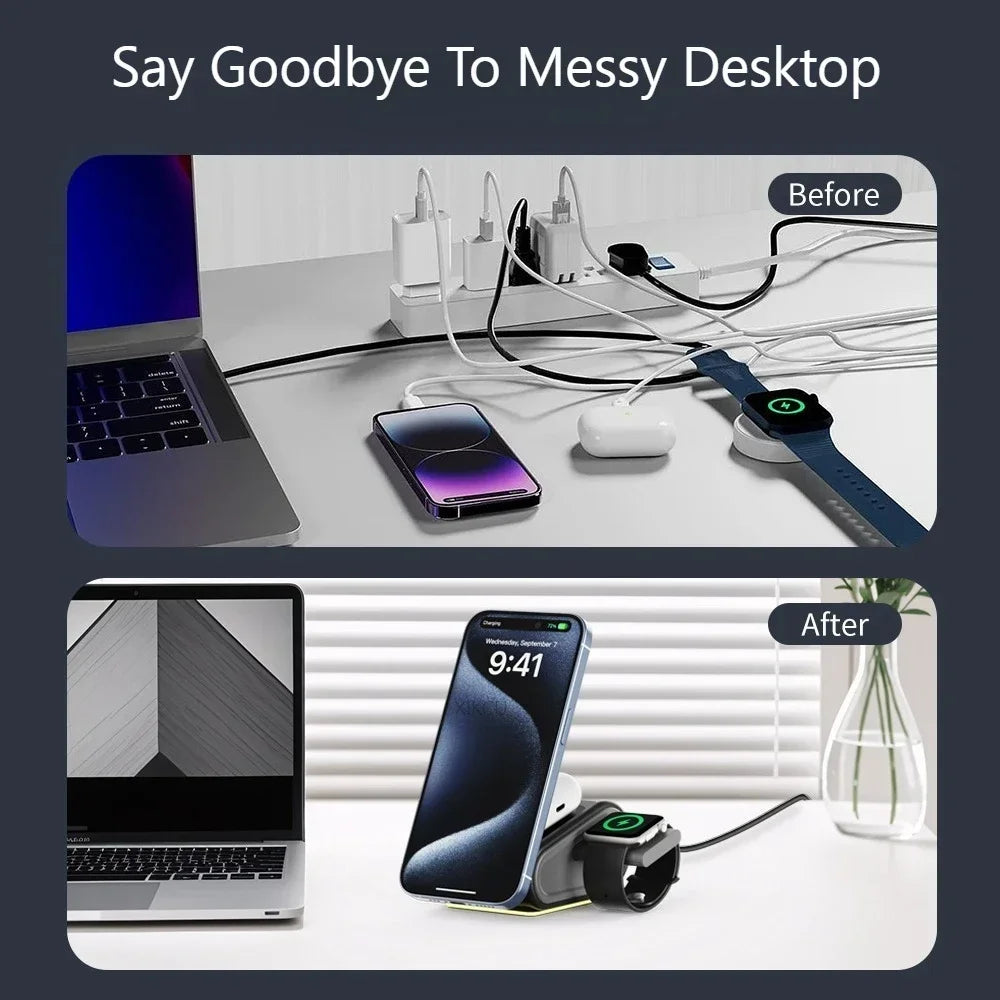 Foldable 4-in-1 Magnetic Wireless Charger Fast Charging Night Light Compatible with iPhone iWatch AirPods Multi-Device Charger