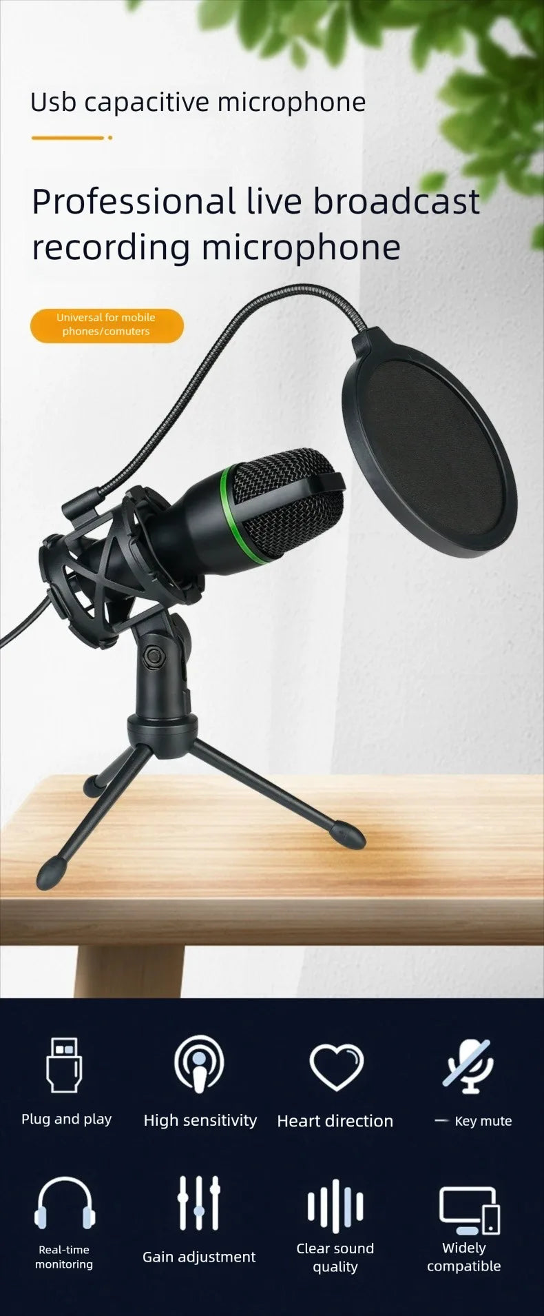 3.5MM/USB Condenser Microphone Wired For PC Computer Laptop Professional Gaming Accessories Streaming Sound  Podcast  Record