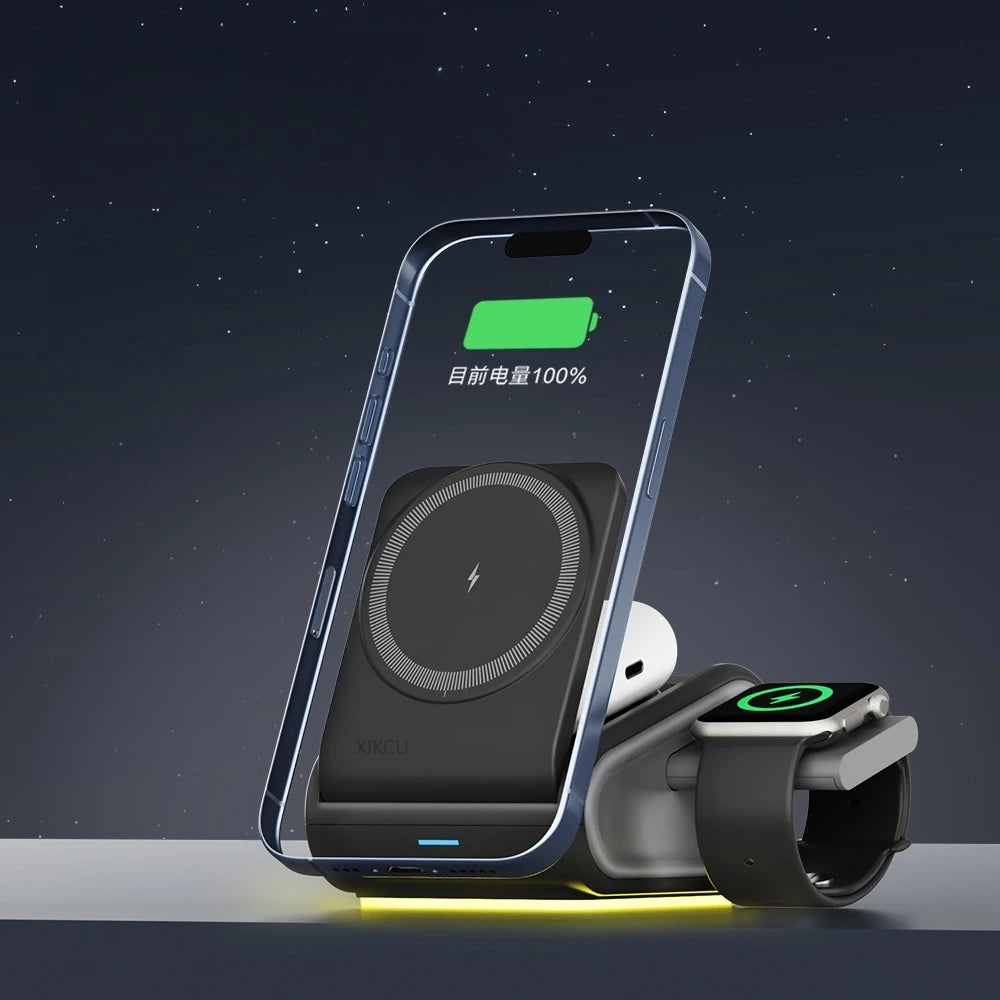 Foldable 4-in-1 Magnetic Wireless Charger Fast Charging Night Light Compatible with iPhone iWatch AirPods Multi-Device Charger