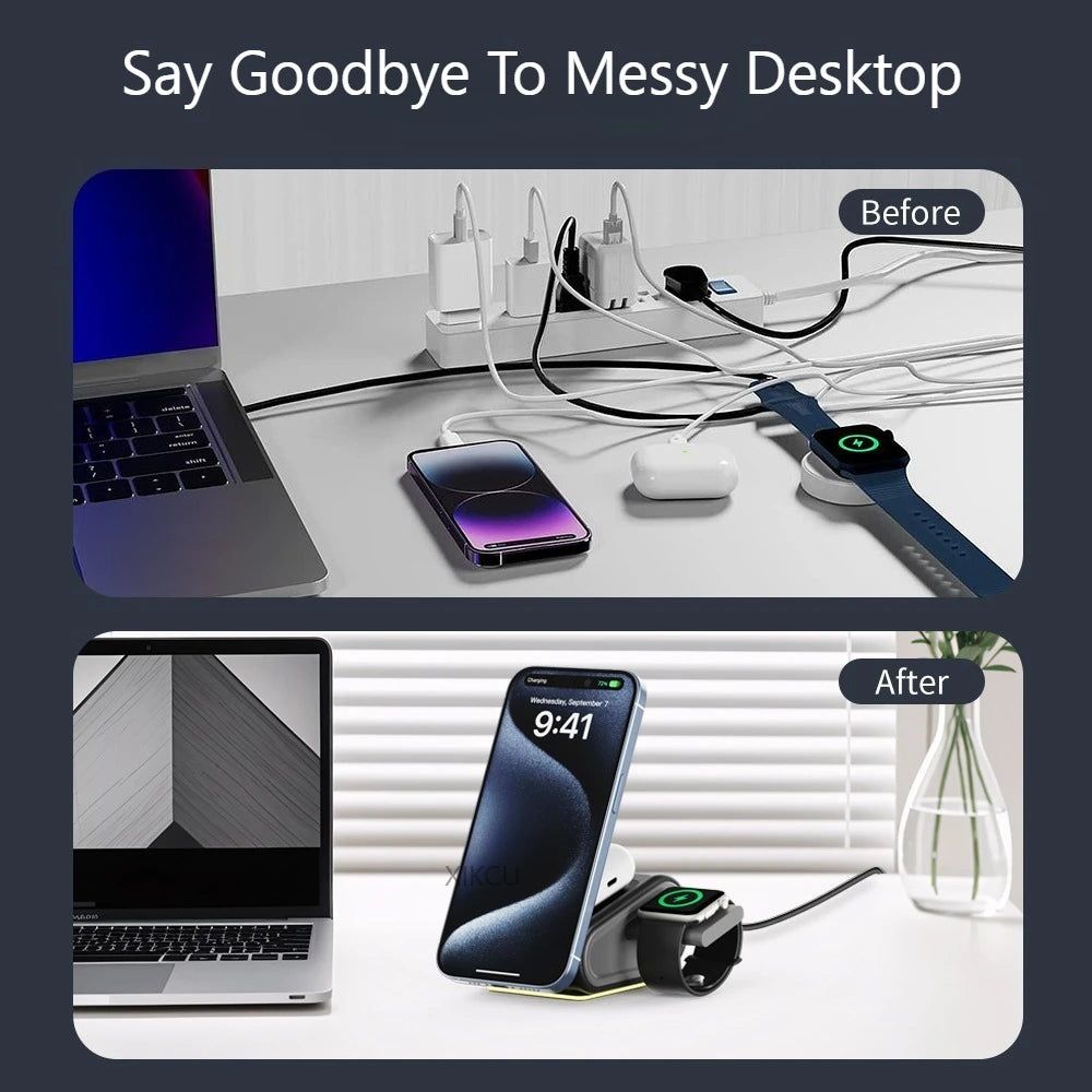 Foldable 4-in-1 Magnetic Wireless Charger Fast Charging Night Light Compatible with iPhone iWatch AirPods Multi-Device Charger