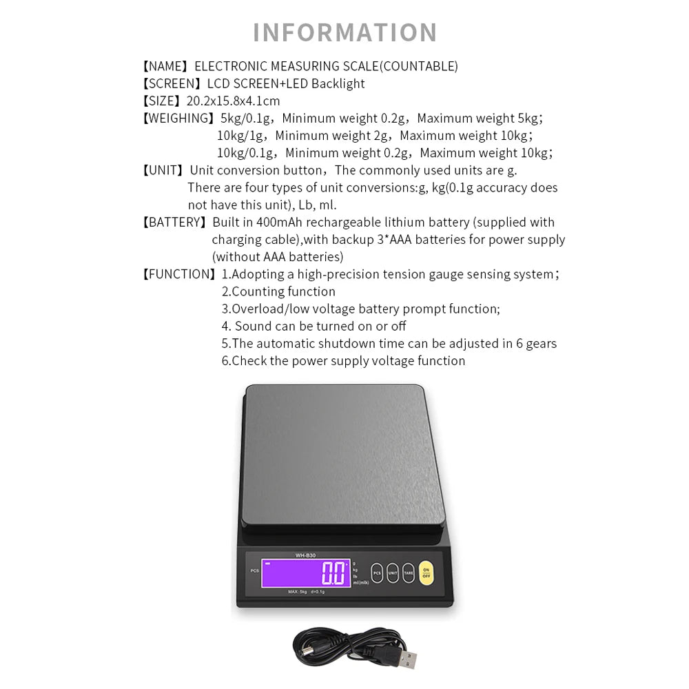 Rechargeable Digital Scale IP67 Waterproof High Accurate Kitchen Scale with Counting Tare Zeroing Auto Power Off Unit Conversion