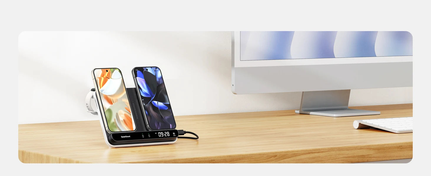SwanScout 710G2 Dual Phone Charging Station for Pixel 9 Pro XL 8 7 Wireless Charger for Pixel Watch 3 2 Fitbit Versa 4 3 Sense 2