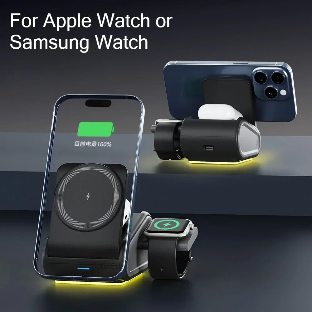 Foldable 4-in-1 Magnetic Wireless Charger Fast Charging Night Light Compatible with iPhone iWatch AirPods Multi-Device Charger